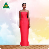 Woman in a red evening gown on a colorful background with 'Australian Made' logo.