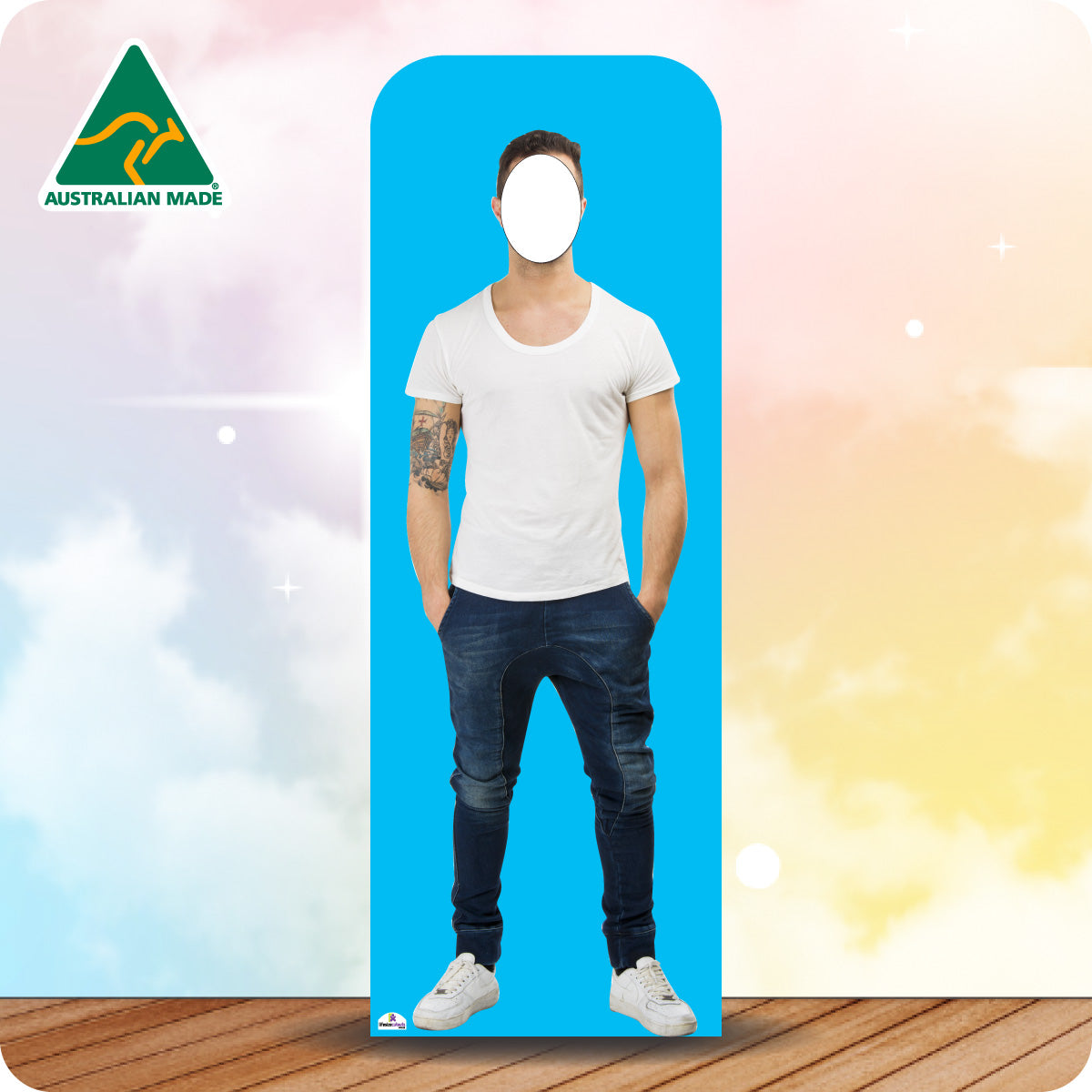 Cardboard standee of a person wearing a white t-shirt and jeans with 'Australian Made' logo on a colorful background.