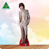 Cardboard cutout of a person in a silver suit with a colorful background and 'Australian Made' logo.