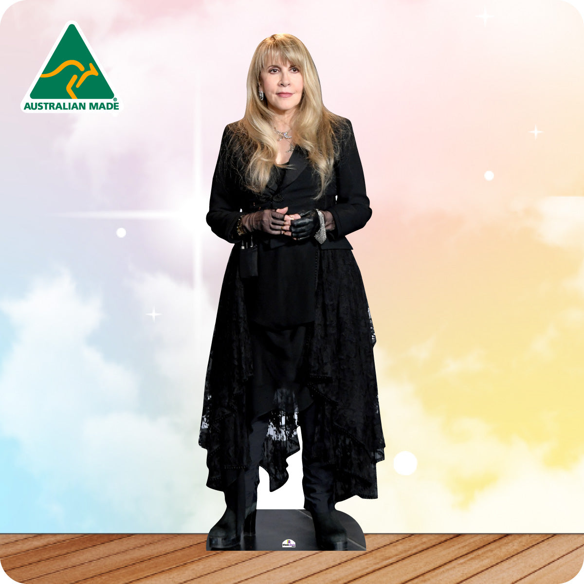 Cardboard cutout of a person in a black outfit with 'Australian Made' logo in the corner.