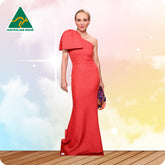 Woman in a red one-shoulder dress with 'Australian Made' logo in the corner.
