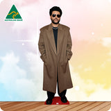 Cardboard cutout of a person wearing a long coat with 'Australian Made' logo in the corner.