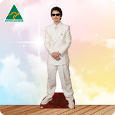 Cardboard cutout of a person in a white suit with sunglasses on a colorful background, featuring 'Australian Made' logo.
