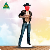 Cardboard standee of a cowboy with a customizable head, Australian Made logo visible.