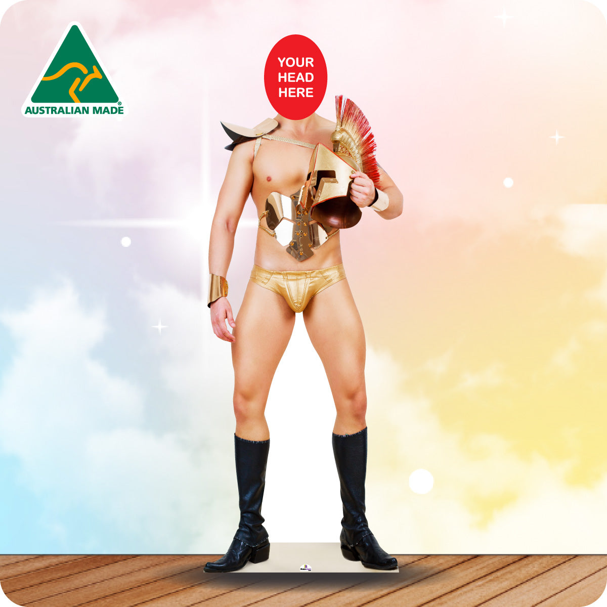 Person in Roman gladiator costume with 'Your Head Here' placeholder and Australian Made logo.