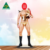 Person in Roman gladiator costume with 'Your Head Here' placeholder and Australian Made logo.
