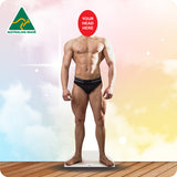 Cardboard standee of a man wearing black underwear with 'Your Head Here' placeholder, Australian Made logo visible.