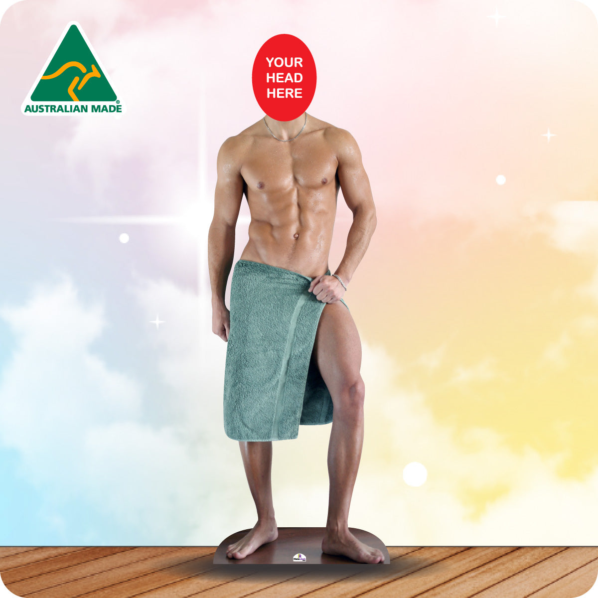 Man wearing a green towel around his waist with 'Your Head Here' placeholder on a colorful background.