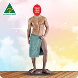 Man wearing a green towel around his waist with 'Your Head Here' placeholder on a colorful background.