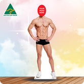 Man wearing black underwear with 'Australian Made' logo and placeholder for head on a colorful background.