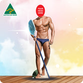 Man in swimwear holding a paddle with 'Your Head Here' placeholder, Australian Made logo visible