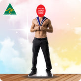 Cardboard standee of a shirtless man in a suit with a customizable head area on a colorful background.