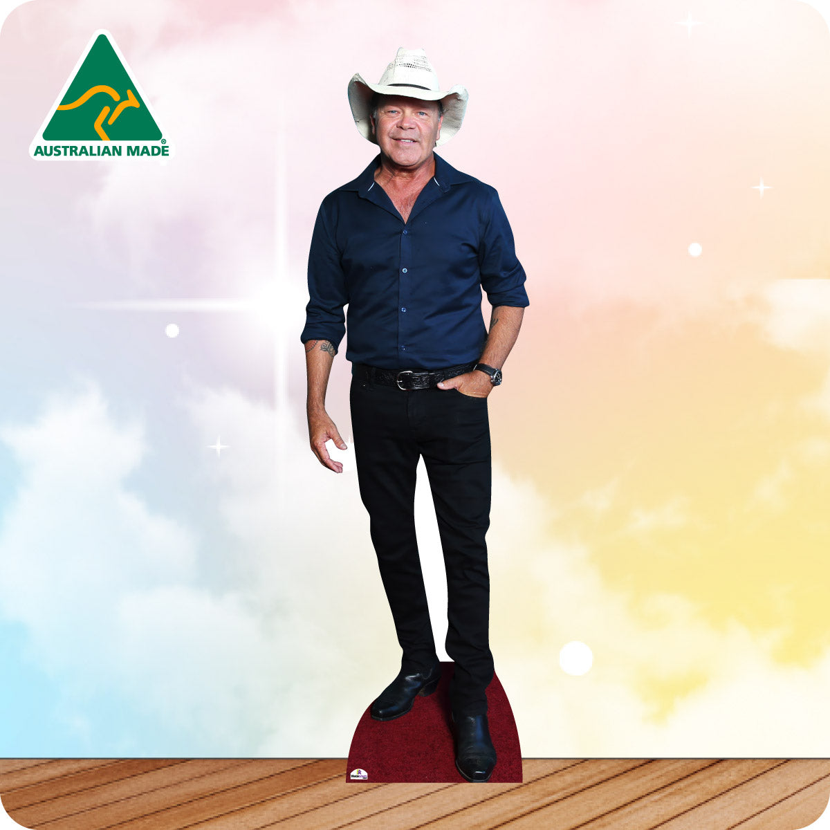 Cardboard cutout of a man wearing a cowboy hat with 'Australian Made' logo in the corner.