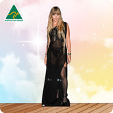 Cardboard cutout of a person wearing a black dress with 'Australian Made' logo in the corner.
