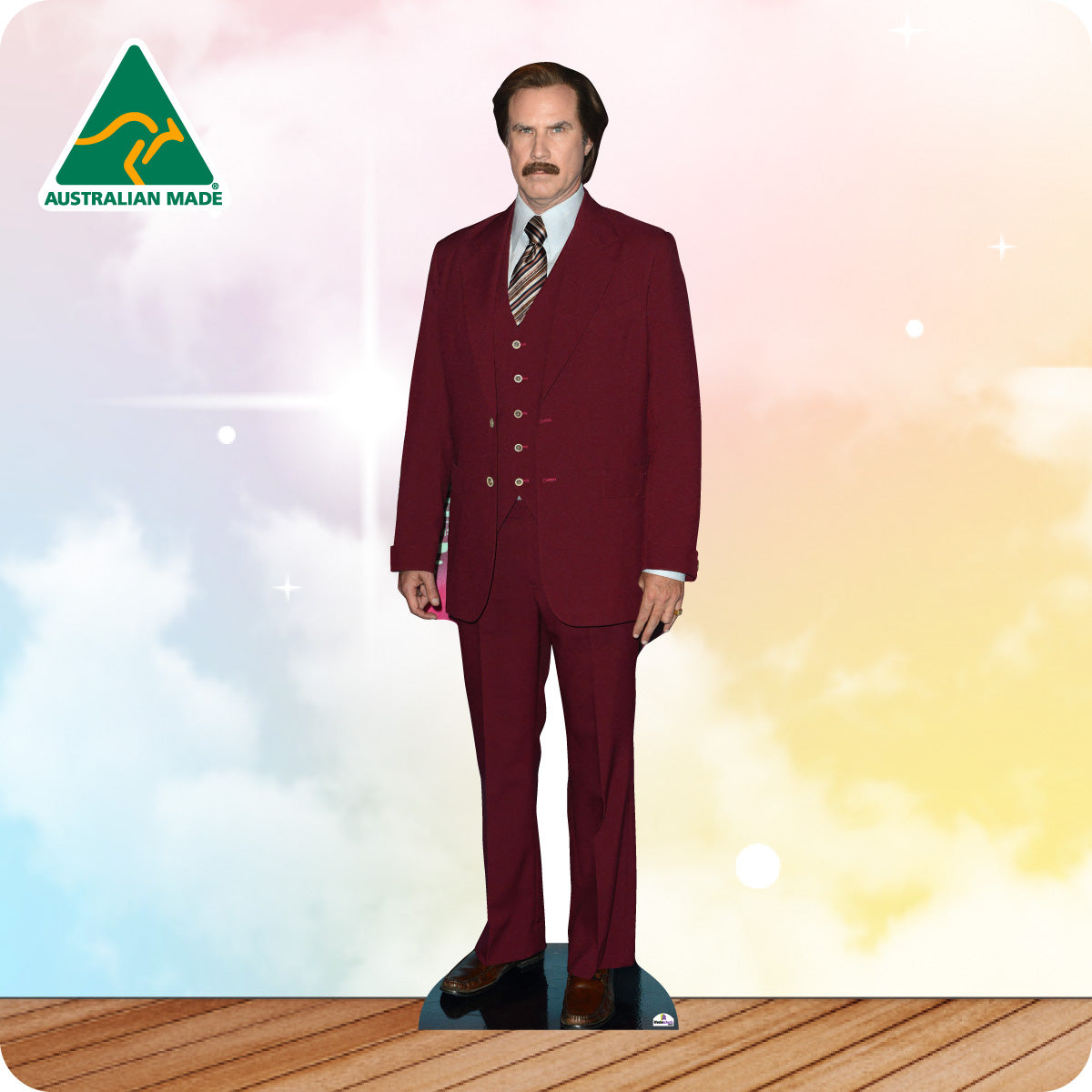 Mannequin wearing a red suit with a 'Made in Australia' label on a colorful background