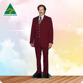 Mannequin wearing a red suit with a 'Made in Australia' label on a colorful background