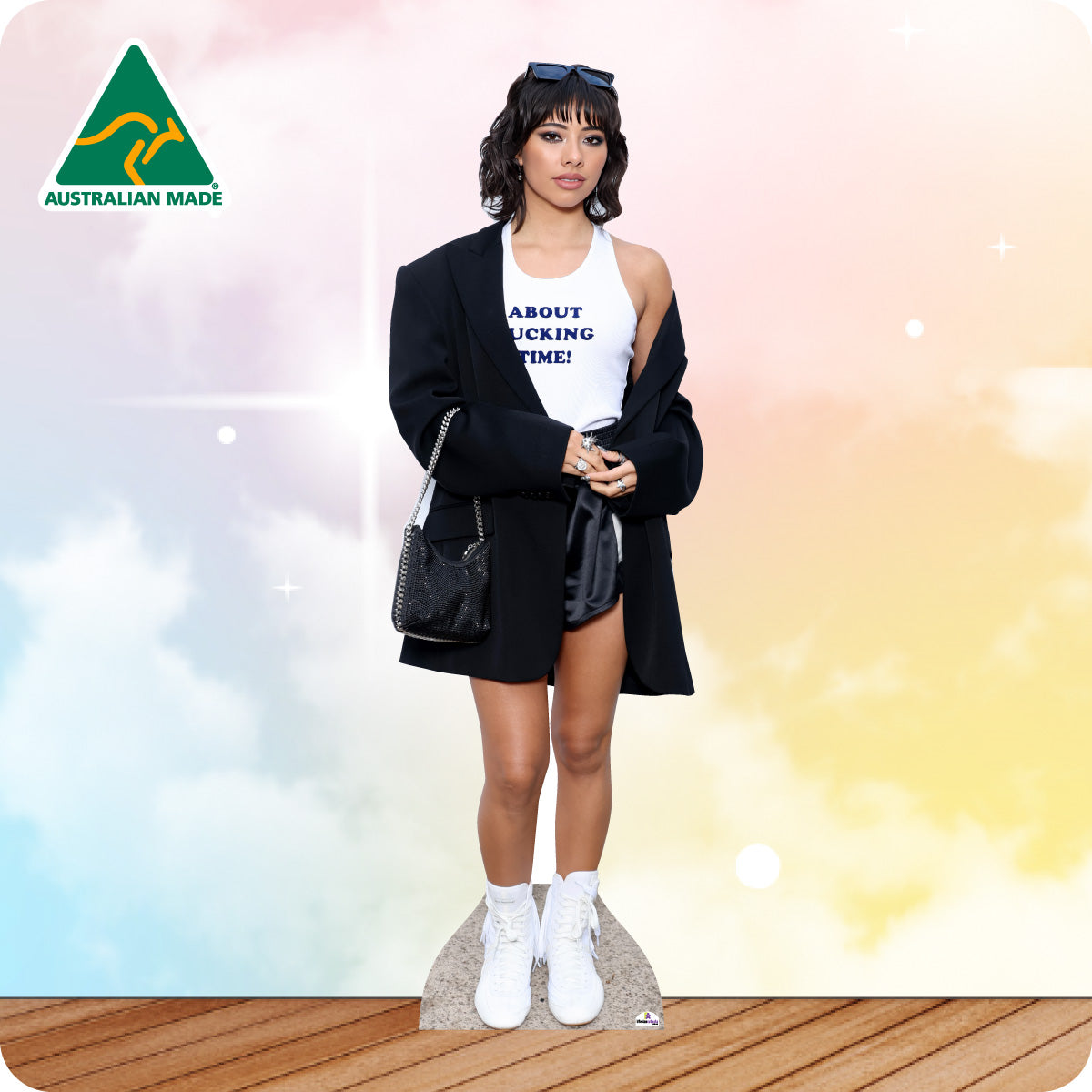 Woman in stylish outfit with 'Australian Made' logo in the corner