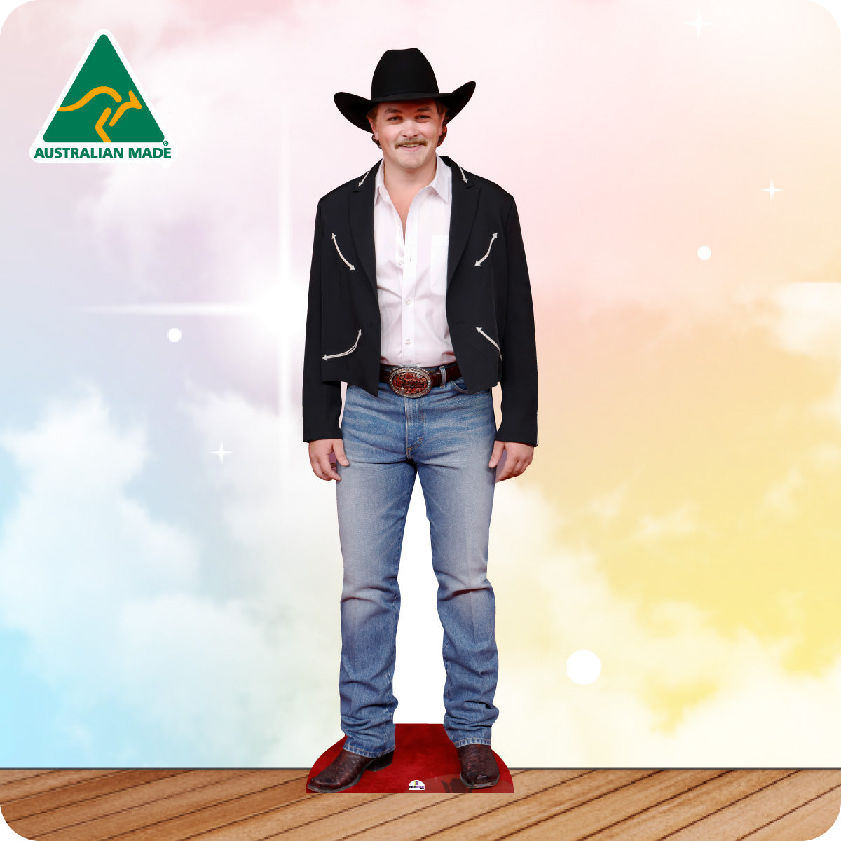 Cardboard standee of a man in cowboy attire with 'Australian Made' logo in the corner.
