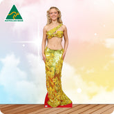 Woman wearing a yellow floral dress with 'Australian Made' logo in the corner