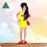 Cardboard cutout of amy winehouse in a yellow dress with 'Australian Made' logo in the corner.
