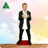 Cardboard cutout of a person in formal attire with 'Australian Made' logo on a gradient background