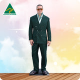 Man wearing a green suit with sunglasses on a colorful background, featuring 'Australian Made' logo.