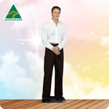 Mannequin wearing a white shirt and black pants with 'Australian Made' logo on a colorful background