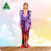 Cardboard standee of a woman in a purple dress with 'Australian Made' logo in the corner.