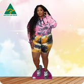 Person wearing a colorful tie-dye outfit with 'Australian Made' logo in the corner.