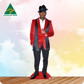 Life-size Ne-Yo cutout wearing a black fedora, black suit jacket, white shirt, black trousers and dress shoes.
