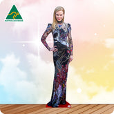 Cardboard cutout of a person wearing a colorful dress with 'Australian Made' logo in the corner.