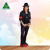 Life-size Nikki Sixx cutout wearing a black leather jacket, black jeans, boots and silver jewellery.