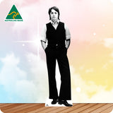 Cardboard cutout of a person in formal attire with 'Australian Made' logo on a gradient background