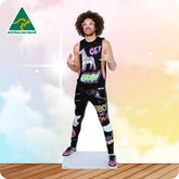 Life-size Redfoo cutout wearing a black hat, oversized sunglasses, leopard print jacket, black trousers and trainers.