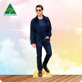 Cardboard cutout of a person wearing a blue jacket and jeans with 'Australian Made' logo in the corner.