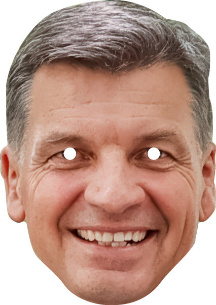 Cardboard cutout of a smiling man's face with cut-out eyes on a white background