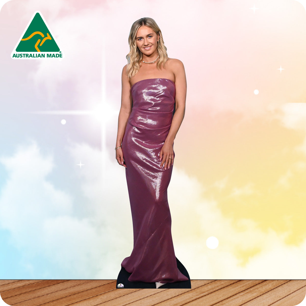 Life-size cardboard standee of a woman wearing a purple dress with 'Australian Made' logo in the corner.