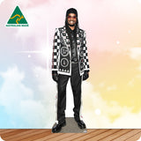 Cardboard cutout of a person wearing a checkered jacket with 'Australian Made' logo in the corner.