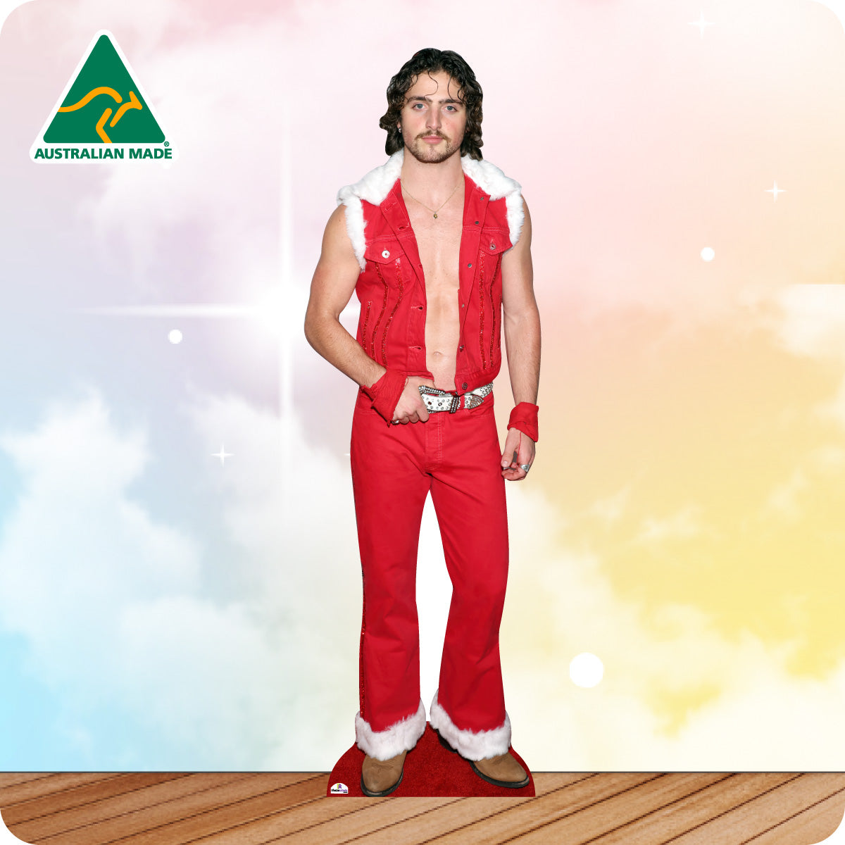Man wearing a red outfit with white trim on a colorful background, featuring 'Australian Made' logo.