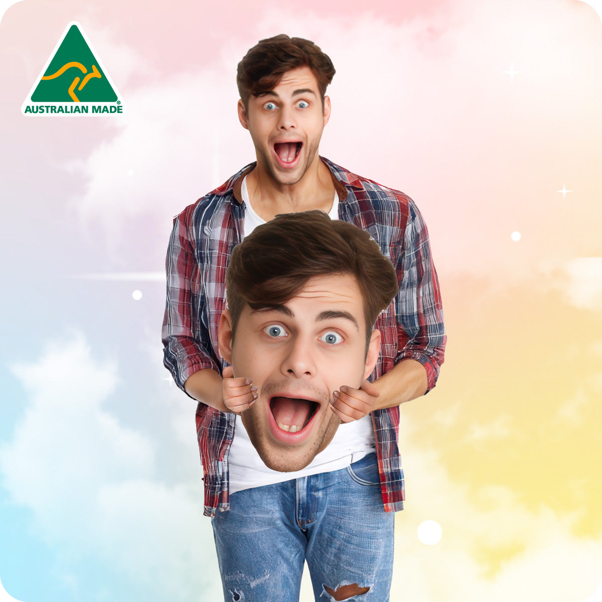 Person wearing a plaid shirt with a 'Made in Australia' logo on a colorful background
