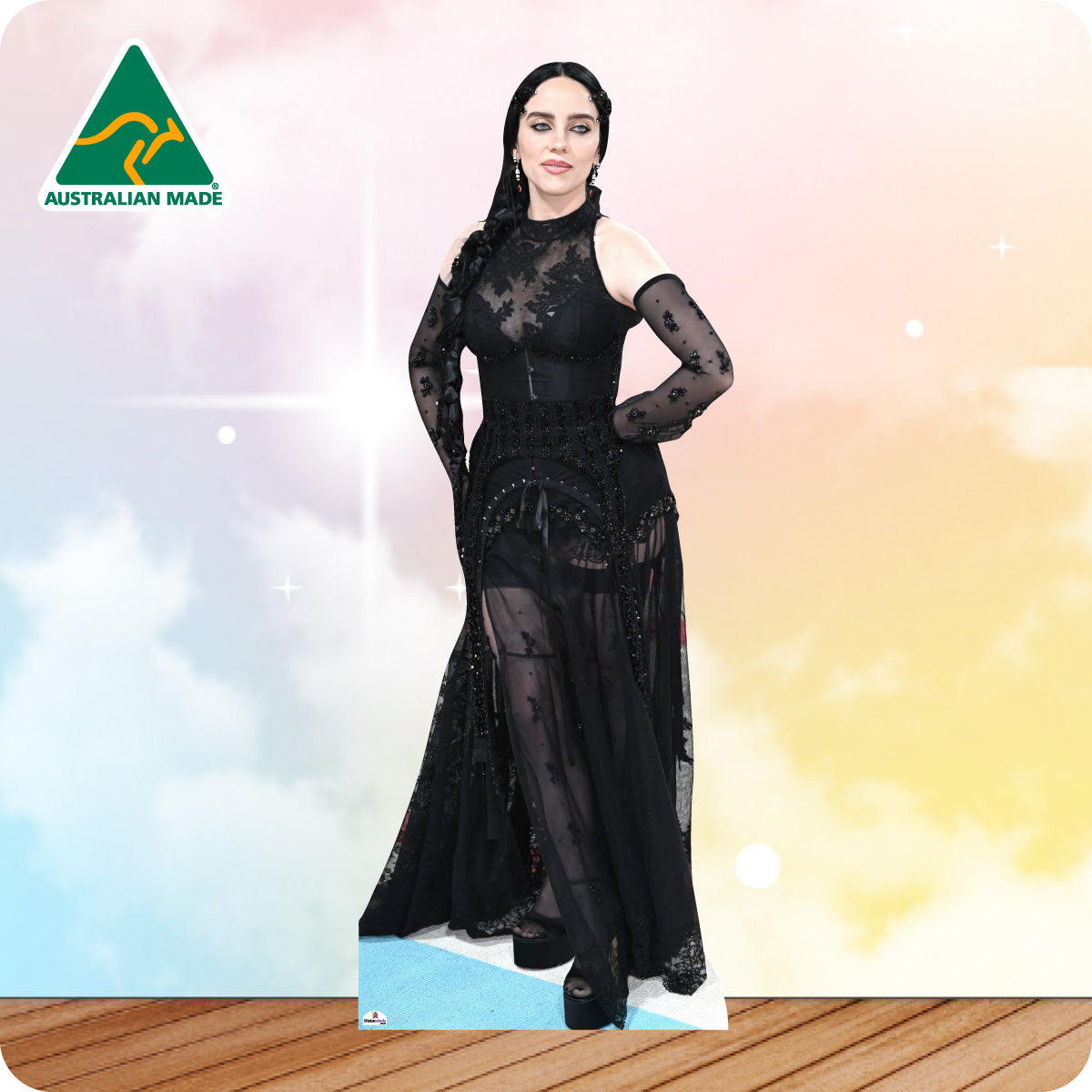 Life-size cardboard cutout of a woman in a black dress with 'Australian Made' logo in the corner.