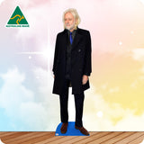 Cardboard cutout of a man wearing a suit standing in front of a colourful background with the Australian Made logo