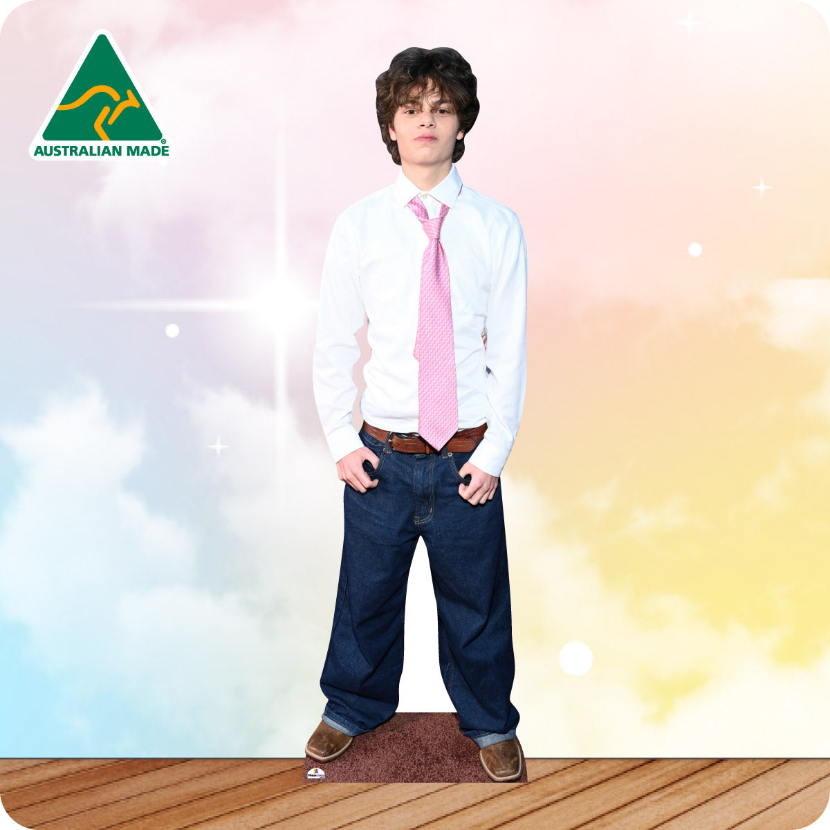Cardboard cutout of a person wearing a white shirt, pink tie, and blue jeans on a colorful background with 'Australian Made' logo.