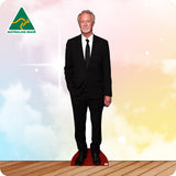 Cardboard cutout of a man in a suit with 'Australian Made' logo on a colorful background