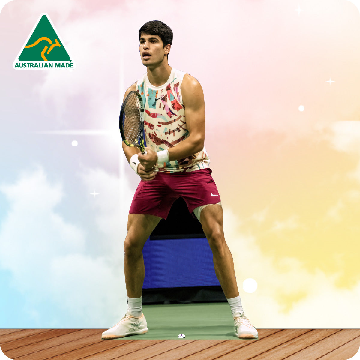 Tennis player on a court with 'Australian Made' logo in the corner