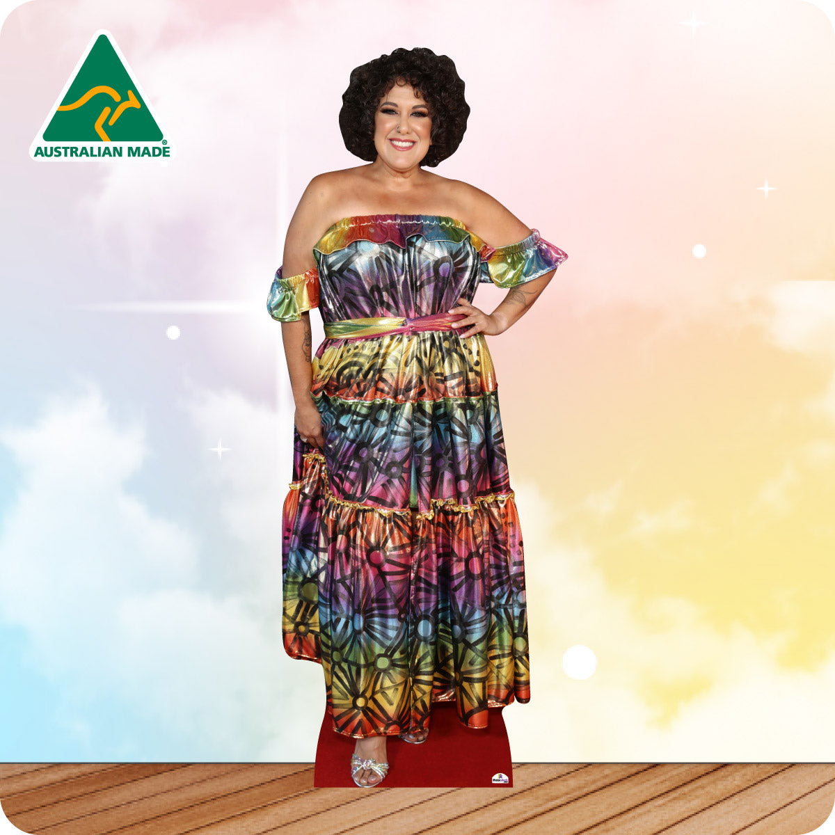 Cardboard cutout of a woman wearing a colorful dress with 'Australian Made' logo in the corner.