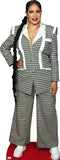 Person wearing a houndstooth patterned suit with white accents on a red platform.