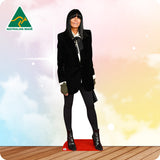Cardboard cutout of a person in formal attire with 'Australian Made' logo on a colorful background