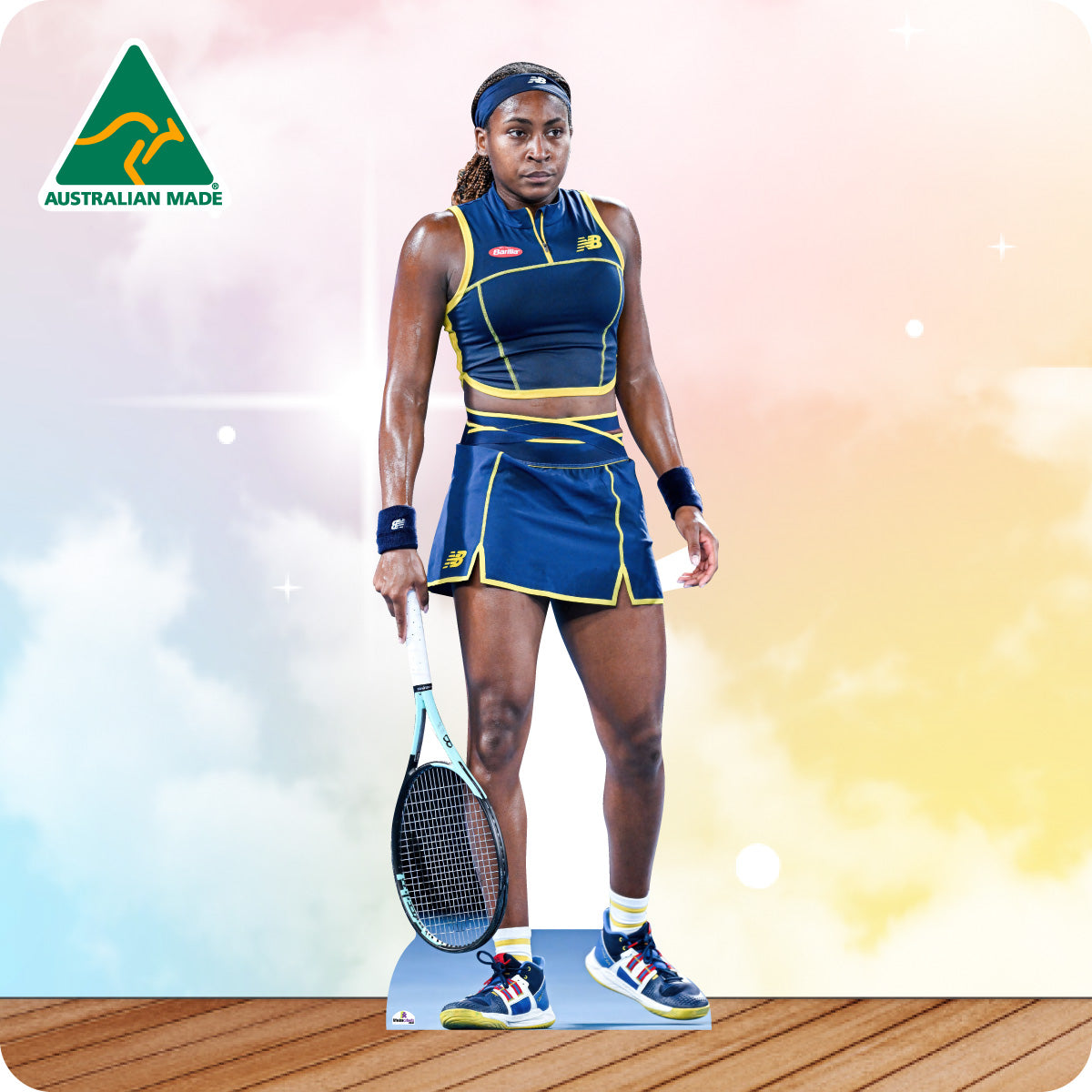 Cardboard cutout of a tennis player holding a racket with 'Australian Made' logo in the corner.