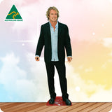 Cardboard cutout of a man in formal attire with 'Australian Made' logo on a colorful background